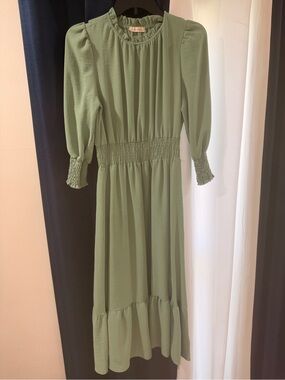 Smocked Waist Sage Green Midi Dress with Ruffle Hem